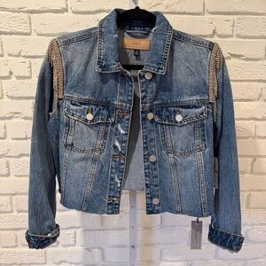 NWT Blank NYC Cropped Denim Jacket w/ Rhinestone Shoulder Detail – Size S